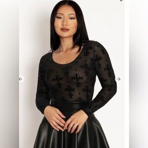 Burned Velvet Coffin Lining Black Long Sleeve Scoop Top. BNWT.